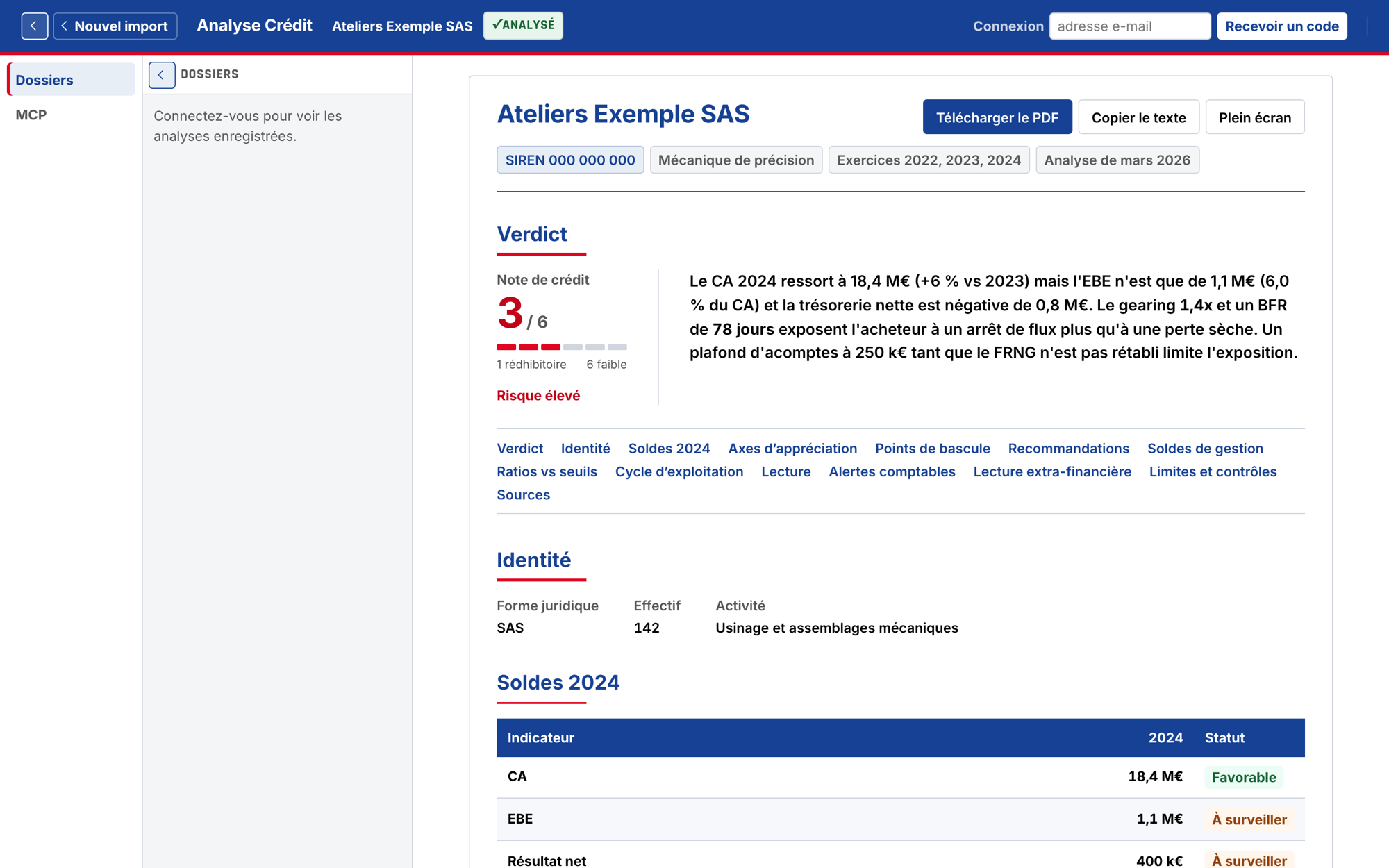 Mémo d'Ateliers Exemple SAS : note 3 sur 6, risque élevé, thèse chiffrée et sommaire du rapport.